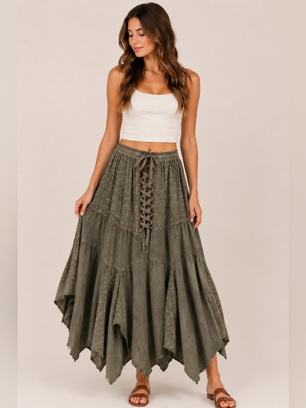 Flower NWT Olive Embroidered Handkerchief Maxi Skirt Boho Lace-Up Free Size